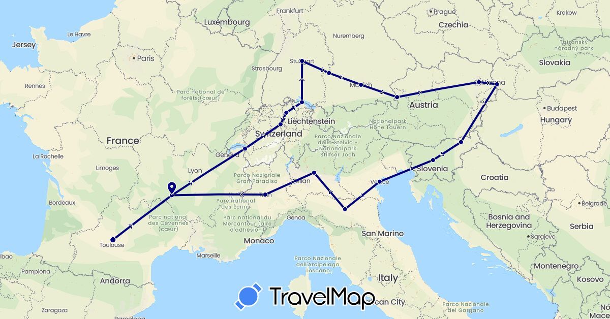 TravelMap itinerary: driving in Austria, Switzerland, Germany, France, Italy, Slovenia, Slovakia (Europe)